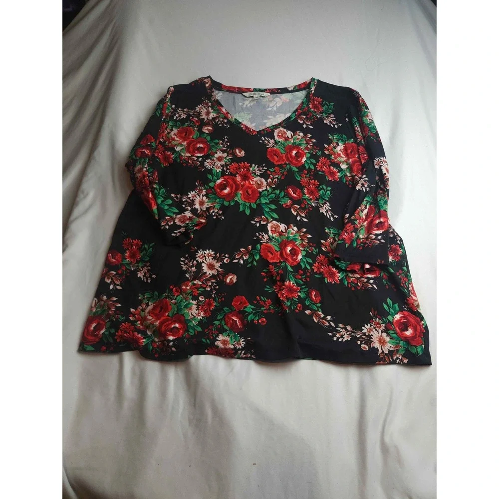 Pioneer Woman Floral V-Neck Tunic Top XL Black Red Rose 3/4 Sleeve